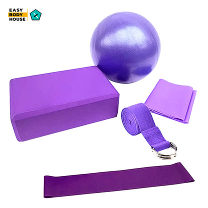 Yoga Equipment Set 5 PCS ( Ball, Block, Stretching band, Resistance Loop, Cotton strap)